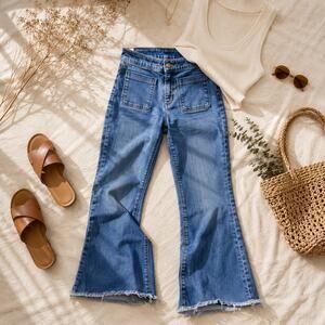 American Apparel High Rise Flare Jeans Raw Hem Patch Pocket Blue Women's 28